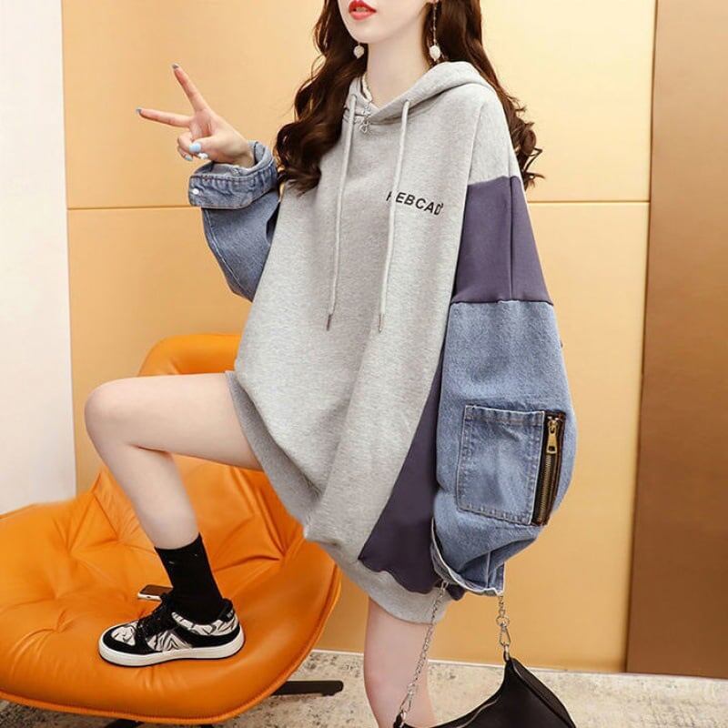 【人気急上昇中】売れ筋 切り替え デニム ゆったり フード付き パーカー E-2101