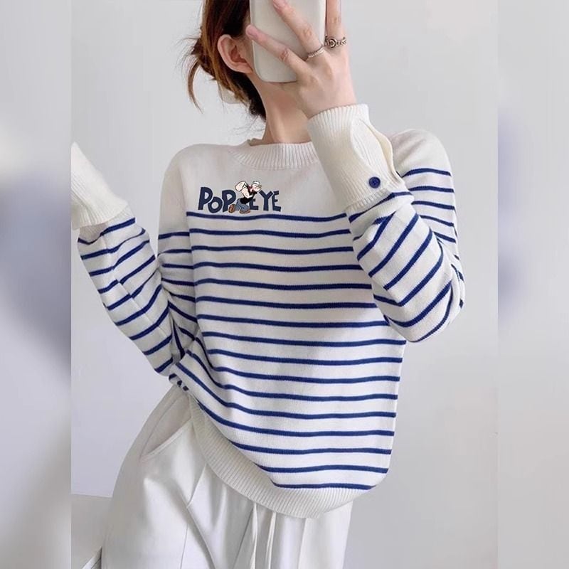 都市ファッショ デザイン オシャレ 気質アップ ストライプ柄 ニットトップスE-9661