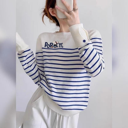 都市ファッショ デザイン オシャレ 気質アップ ストライプ柄 ニットトップスE-9661