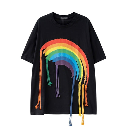 好感度UP 虹ロゴ タッセル ゆったり Tシャツ 全2色 ユニセックス半袖E-4863