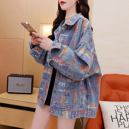 話題沸騰中 プリント 韓国風ファッション デニムジャケットゆったりコートE-9239