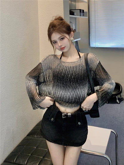 韓国風ファッション 透かし彫り 柔らかくて優しい印象 ニットトップスE-9153