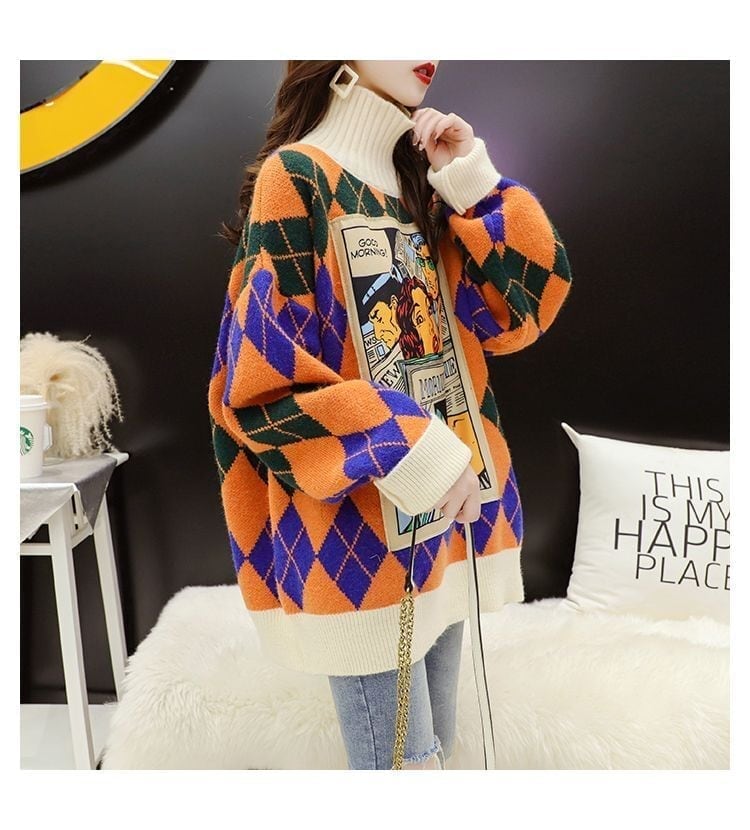 超人気配色チェック柄グラフィックロゴニットセーターハイネック3色ありE-4328