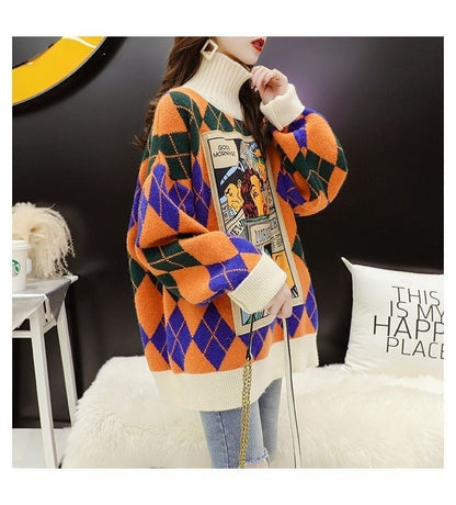超人気配色チェック柄グラフィックロゴニットセーターハイネック3色ありE-4328