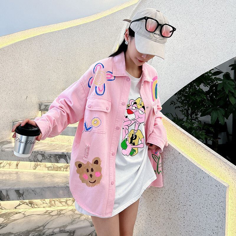 売り切れ必至 韓国風ファッション 上質 アバンギャルド プリント デニム Tシャツ E-9479