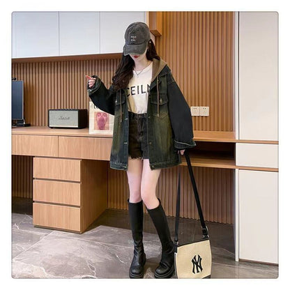 おすすめ トレンドアイテム 存在感抜群 フード付き デニムジャケットゆったりコートE-9888