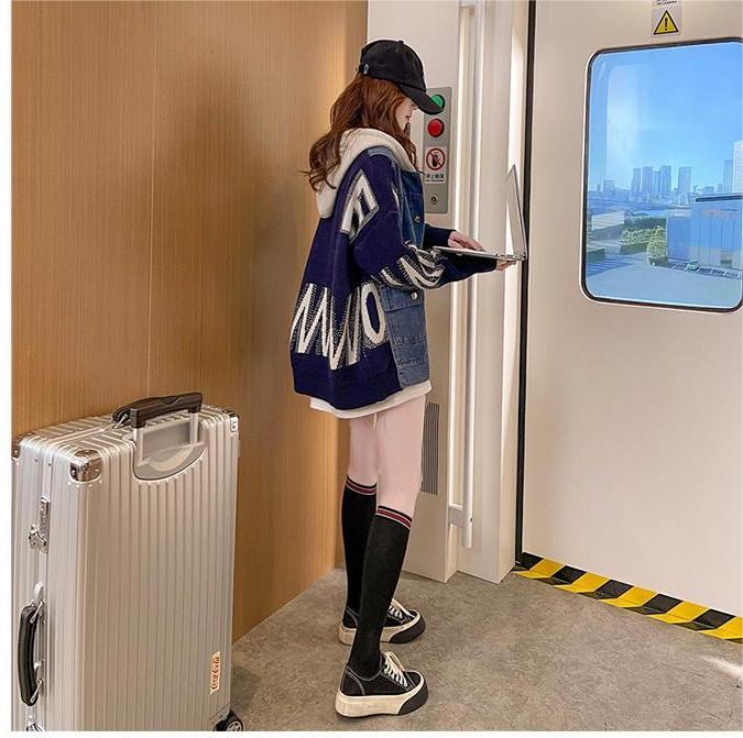 新作デニム切り替えニットフード付きパーカートップス全3色E-4321