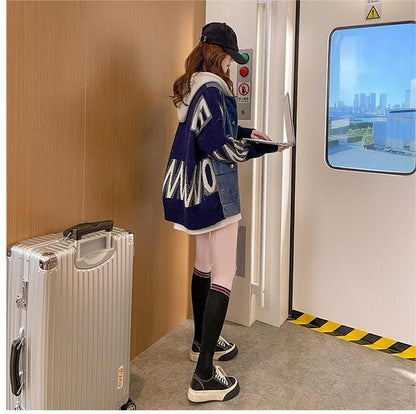 新作デニム切り替えニットフード付きパーカートップス全3色E-4321