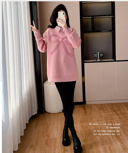 好感度UP レイヤード風 柔らかくて優しい印象 切り替え プラスベルベット 全3色 スウェットE-9809