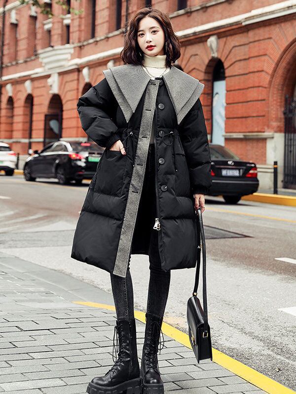 都市ファッショ デザイン オシャレ 切り替え 2色選択 ロングダウンジャケット E-9739