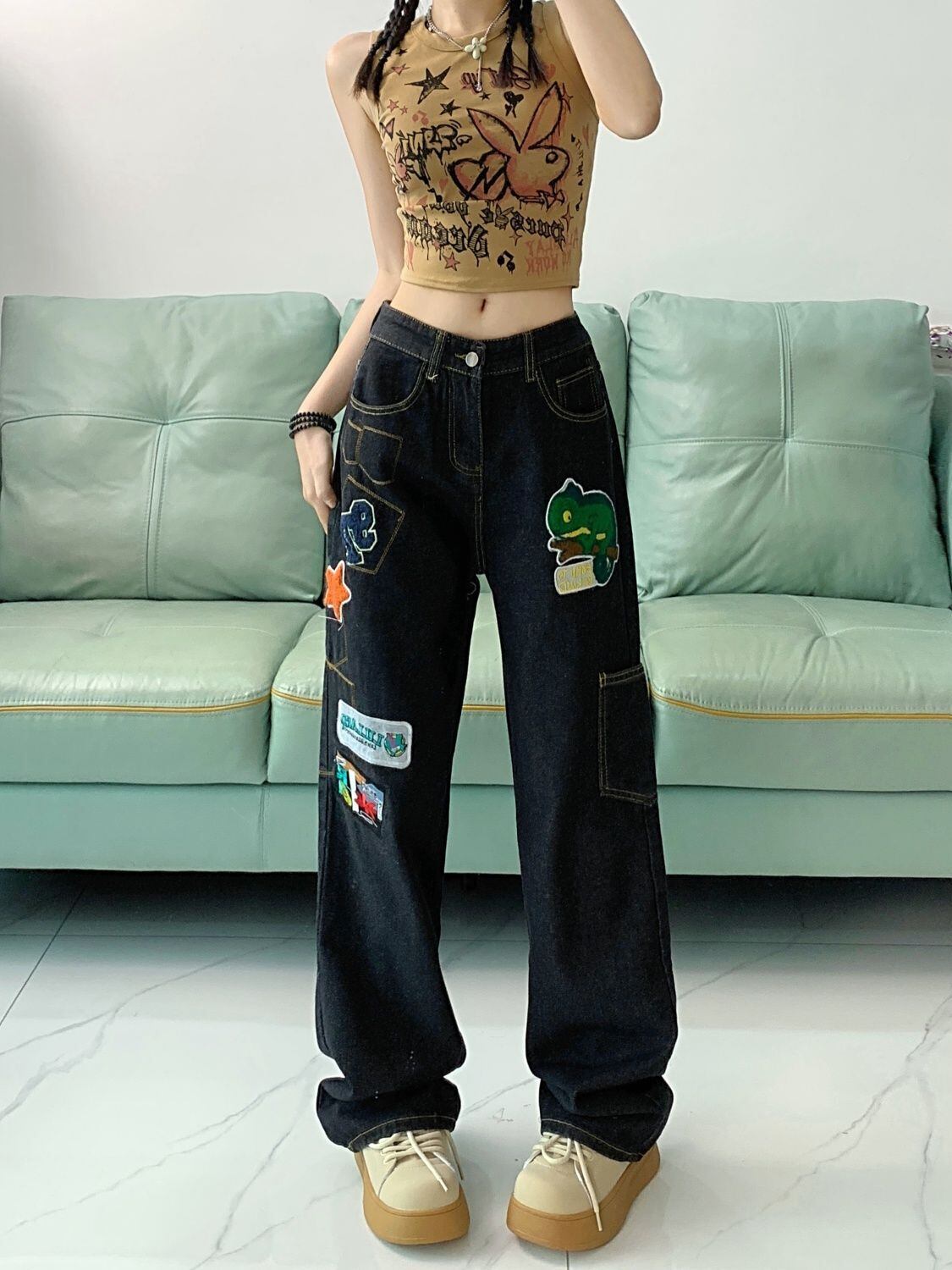 ファッション感満々 着回し力抜群 個性的なデザイン デニム ワイドパンツE-9769