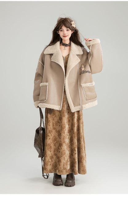 高級感溢れる 革ファッション厚い暖かいフェイクシャーリングジャケットコート ファッション感満々 E-9884