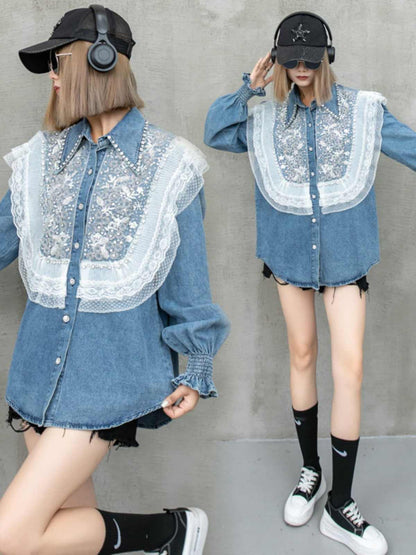 大好評 上質 話題沸騰中 おしゃれ度高め レース 切り替え デニム シャツ E-9409