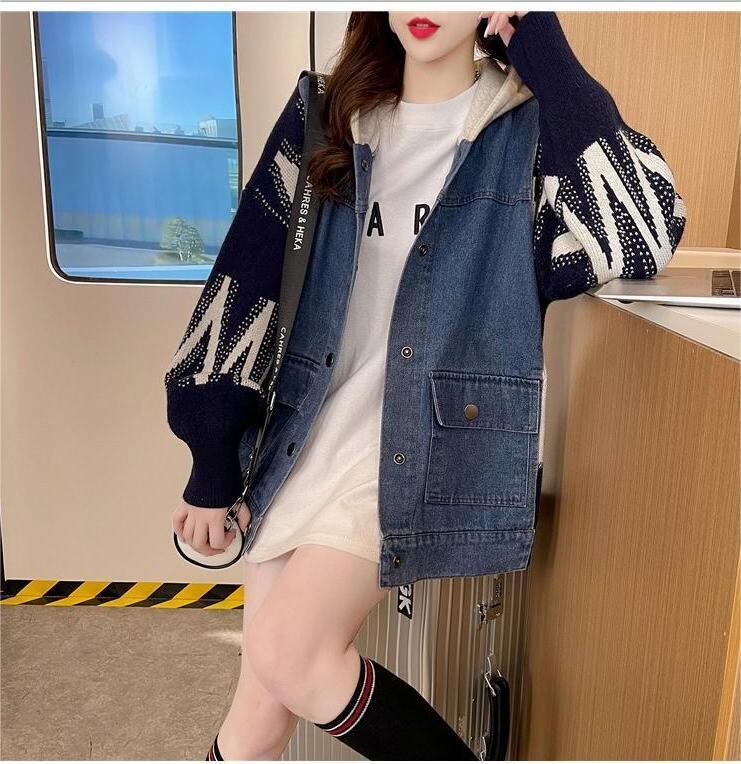 新作デニム切り替えニットフード付きパーカートップス全3色E-4321