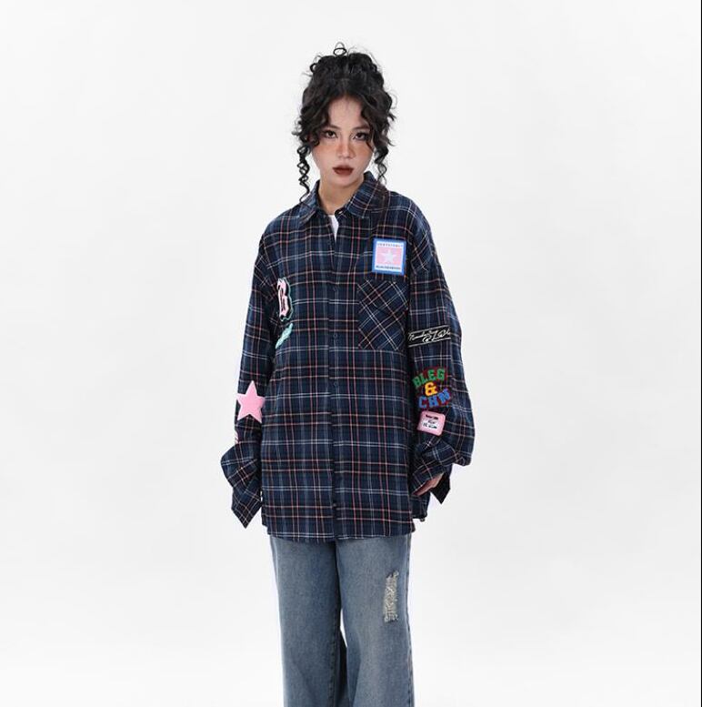 新商品 アバンギャルド 大活躍 カジュアル 刺繍 チェック柄 全2色 男女兼用 シャツ E-9167