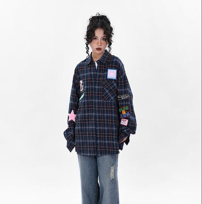 新商品 アバンギャルド 大活躍 カジュアル 刺繍 チェック柄 全2色 男女兼用 シャツ E-9167