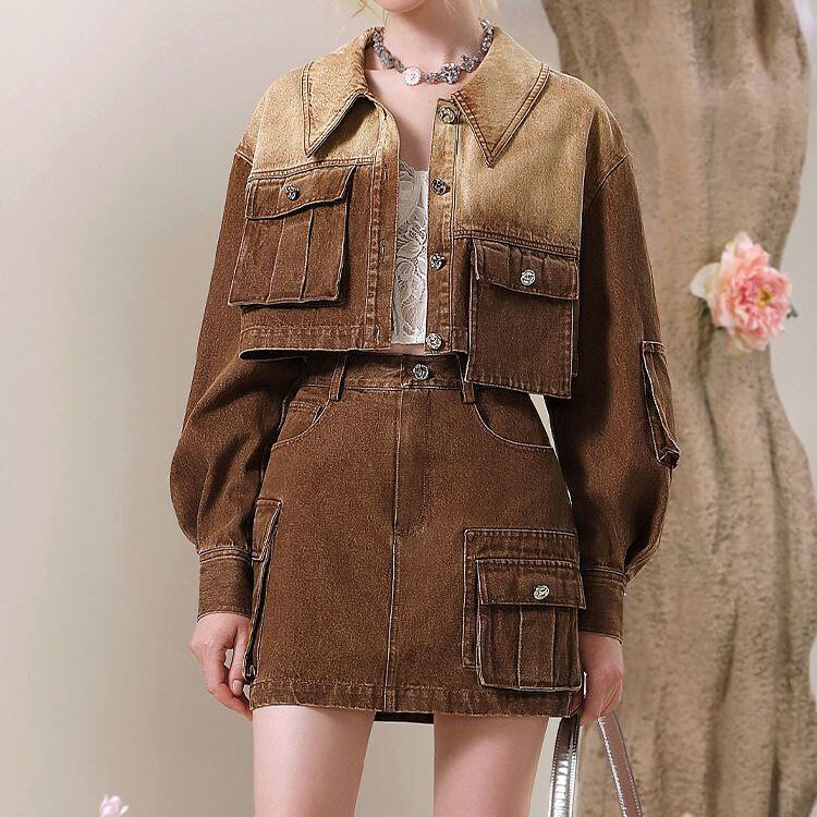 絶対欲しい グラデーション デザイン性抜群 デニム トップスⅹミニスカートセットアップE-9159