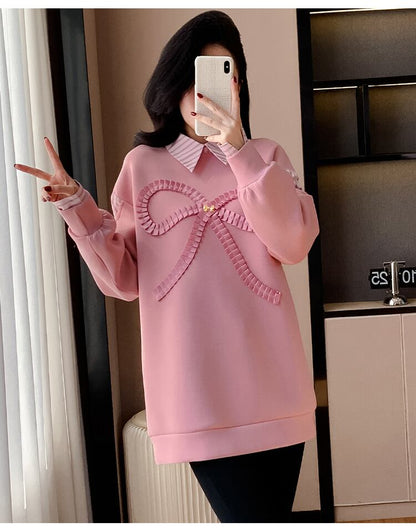 好感度UP レイヤード風 柔らかくて優しい印象 切り替え プラスベルベット 全3色 スウェットE-9809