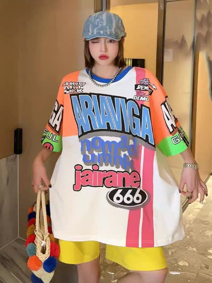 スタイルアップ効果抜群 レース アバンギャルド ダブルプリント全2色 半袖TシャツE-8980