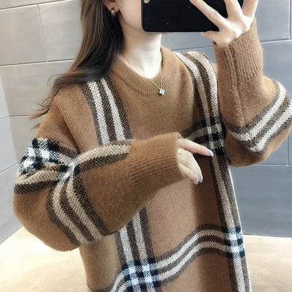 新作 着?せ厚手ゆったりニットセーター カーキ色トップスiEf-4597