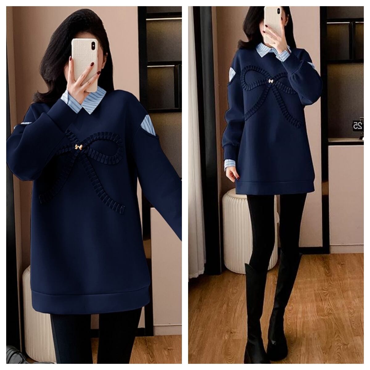 好感度UP レイヤード風 柔らかくて優しい印象 切り替え プラスベルベット 全3色 スウェットE-9809