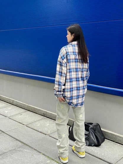 存在感抜群 カジュアル トレンドアイテム チェック柄 刺繍 全2色 シャツ E-9163