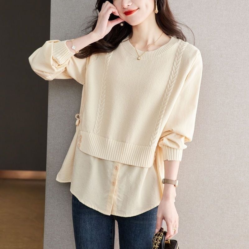 売り切れ必至 スタイルアップ 上質 エレガント レイヤード風 切り替え 3色選択 ニットトップスE-9576