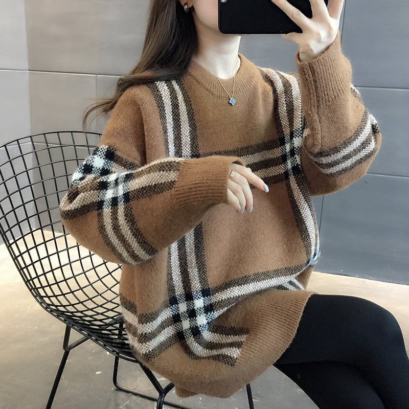 新作 着?せ厚手ゆったりニットセーター カーキ色トップスiEf-4597