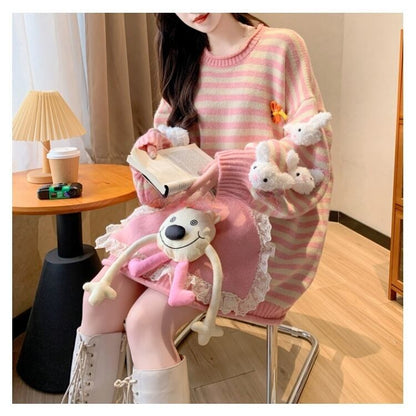 スタイルアップ効果抜群 ストライプ柄 個性的なデザイン 2色選択ニットトップスE-10585