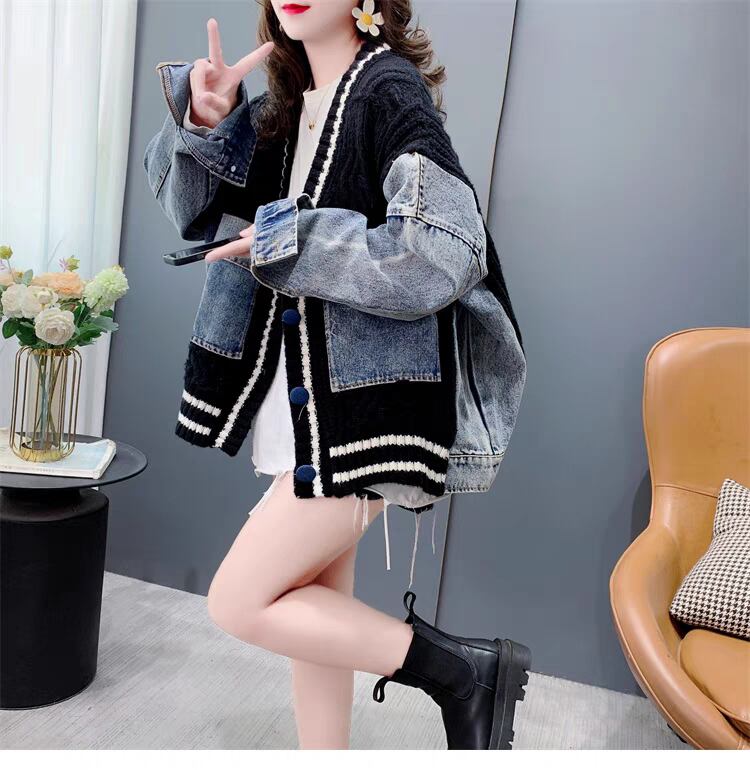 存在感抜群 おしゃれ度高め トレンドアイテム デニム 切り替え 2色選択 ニットトップスE-9724