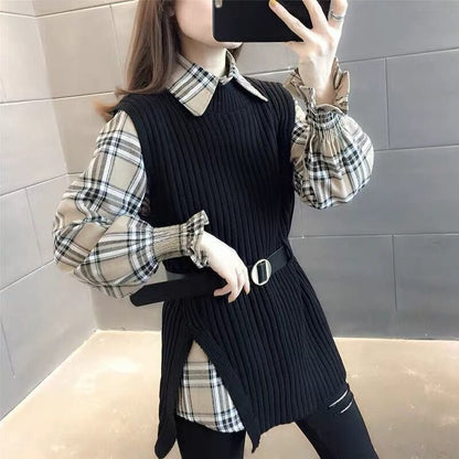 絶対欲しい オシャレ 都市ファッショ デザイン 3色選択 ニットセーターベストシャツ2点セット E-9524