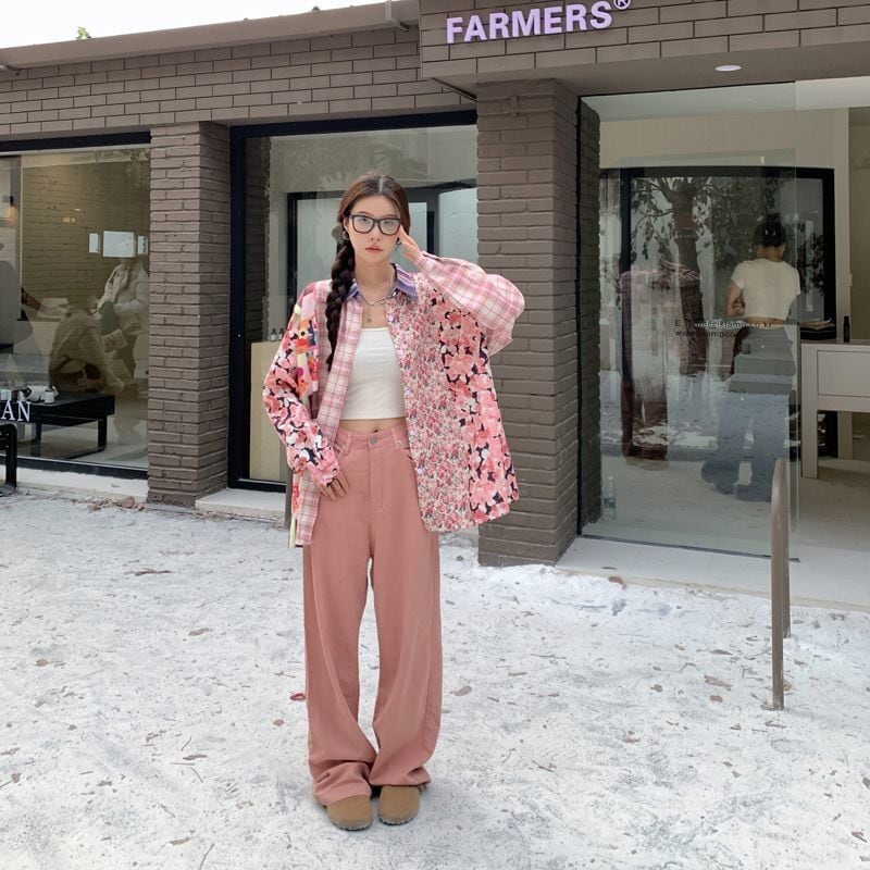 スタイルアップ効果抜群 切り替え カジュアル チェック柄 全2色 シャツ E-9177