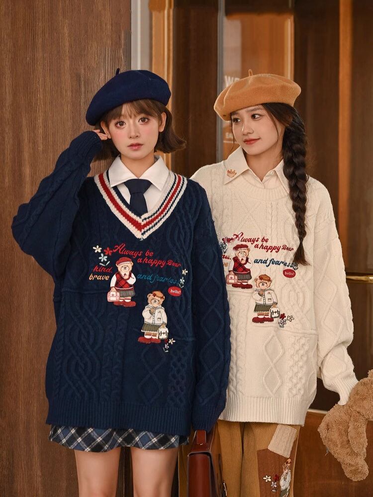 超人気 気質アップ 絶対欲しい Vネック 刺繍 切り替え2色選択 ニットトップスE-9577