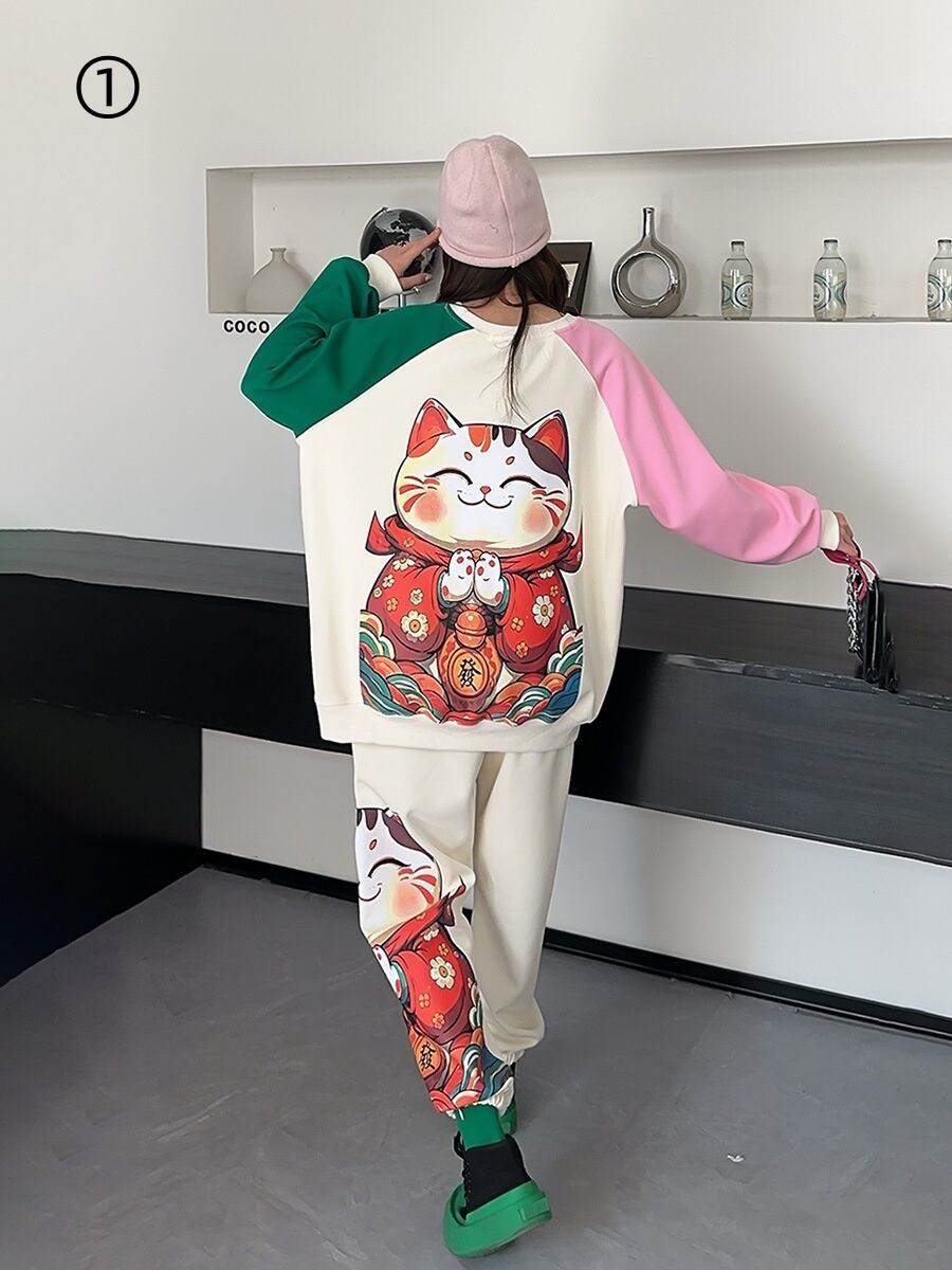 スタイルアップ効果抜群 4色選択 プリント パーカー＋ショートパンツ セットアップE-10456