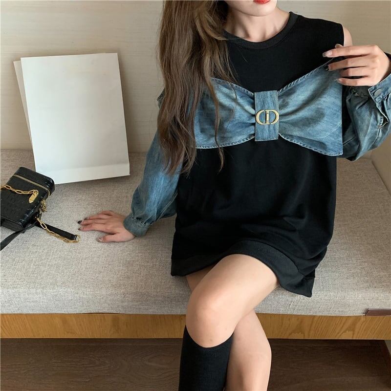 スタイリッシュ ラウンドネック 一目惚れ 切り替え 蝶結び スウェット パーカーE-2849