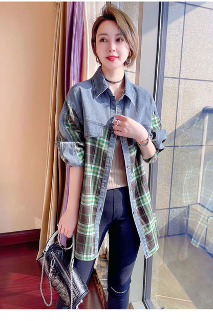 今季マストバイ 着心地良い 絶対欲しい チェック柄 切り替え デニム シャツ E-9266