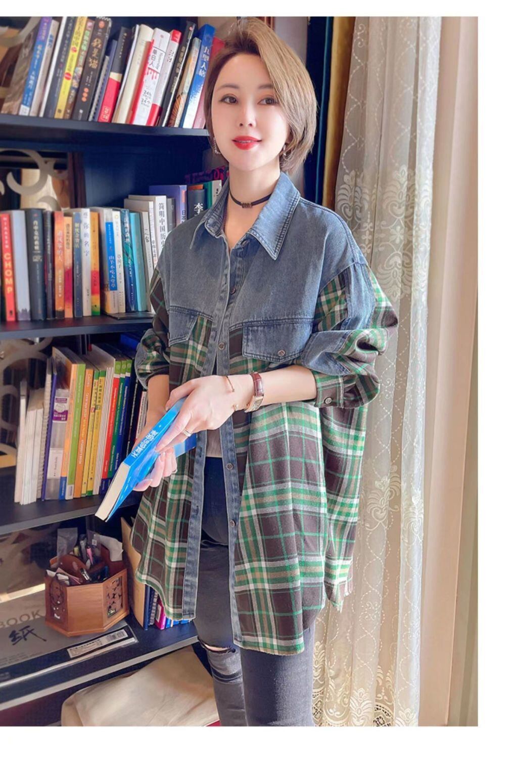 今季マストバイ 着心地良い 絶対欲しい チェック柄 切り替え デニム シャツ E-9266