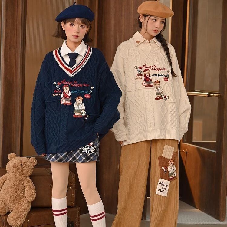 超人気 気質アップ 絶対欲しい Vネック 刺繍 切り替え2色選択 ニットトップスE-9577