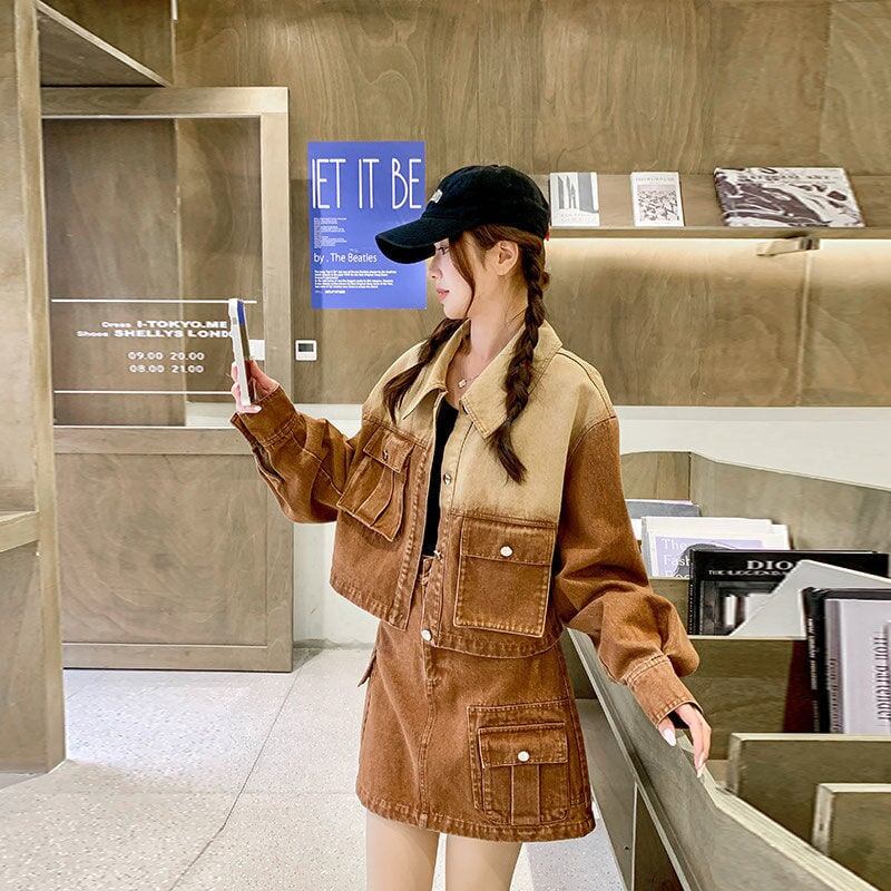 絶対欲しい グラデーション デザイン性抜群 デニム トップスⅹミニスカートセットアップE-9159