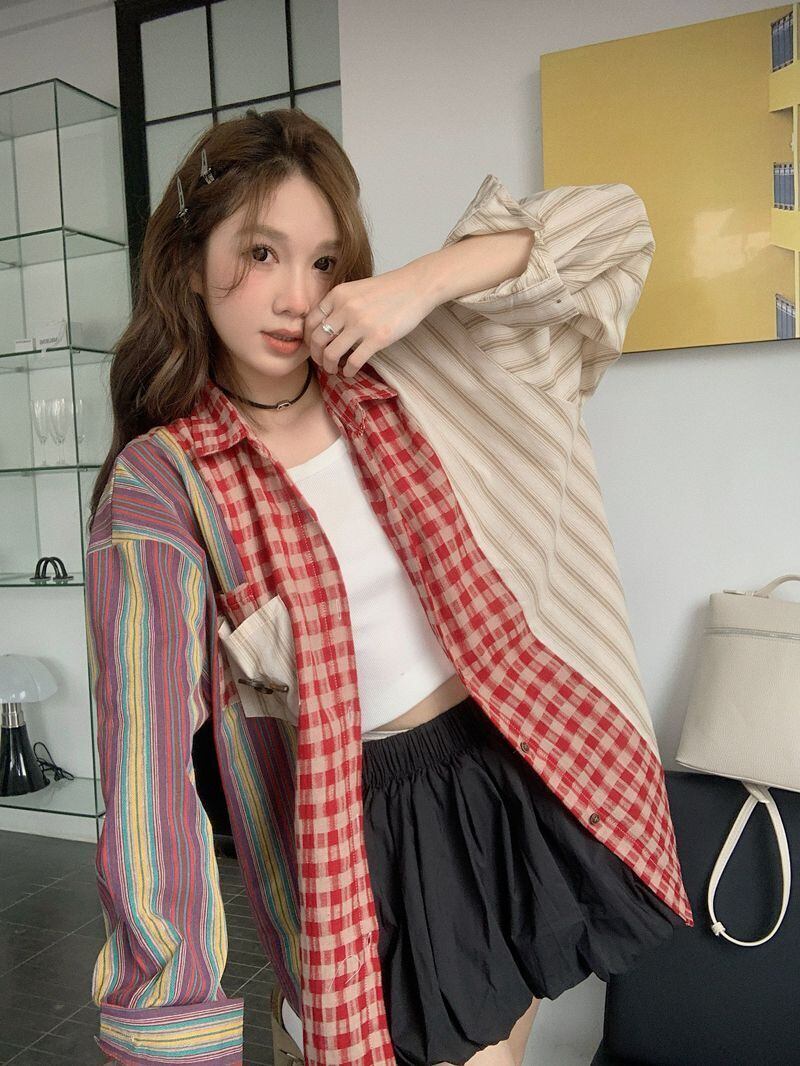 新商品 切り替え 個性的なデザイン チェック柄 ストライプ柄 シャツ E-9155