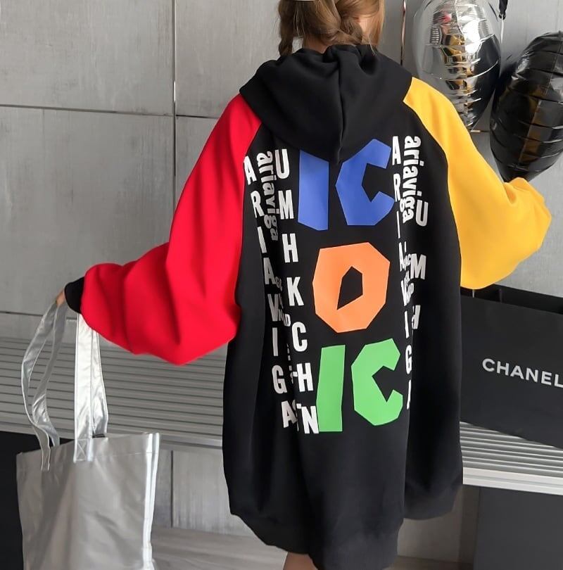 オーバーサイズ カラーマッチング アルファベットプリント フード付き ロングパーカE-4085