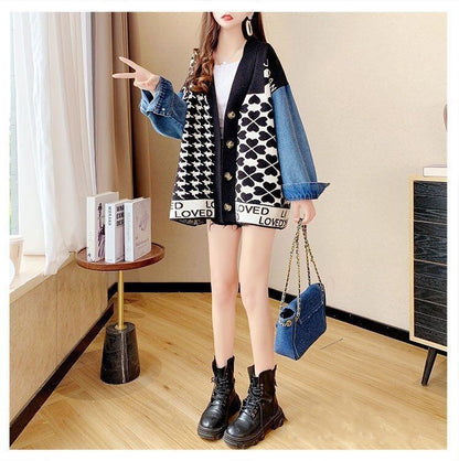 都市ファッショ デザイン オシャレ デニム切り替え 全2色 ニットカーディガンE-9377