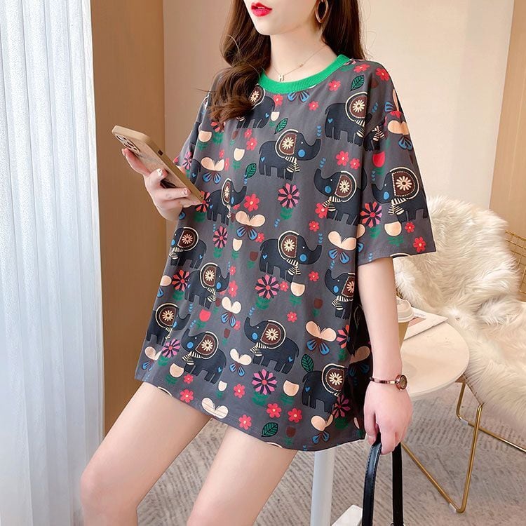 【半額！期間限定！！】絶対欲しい カジュアル キュート プリント ゆったり 2色半袖Tシャツ＜ins-8470＞