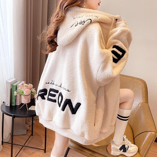 好感度UPアルファベットロゴボアフルジップパーカー 厚手トップス 全4色 E-4443