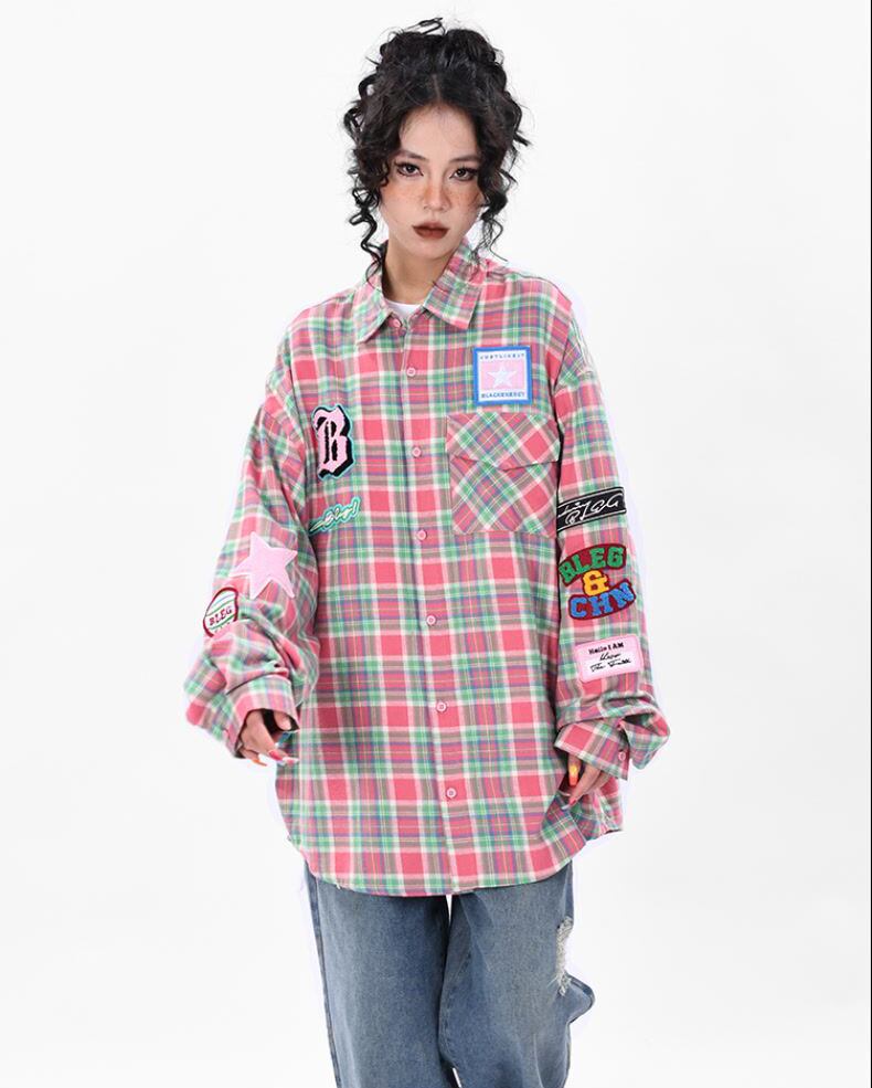 新商品 アバンギャルド 大活躍 カジュアル 刺繍 チェック柄 全2色 男女兼用 シャツ E-9167