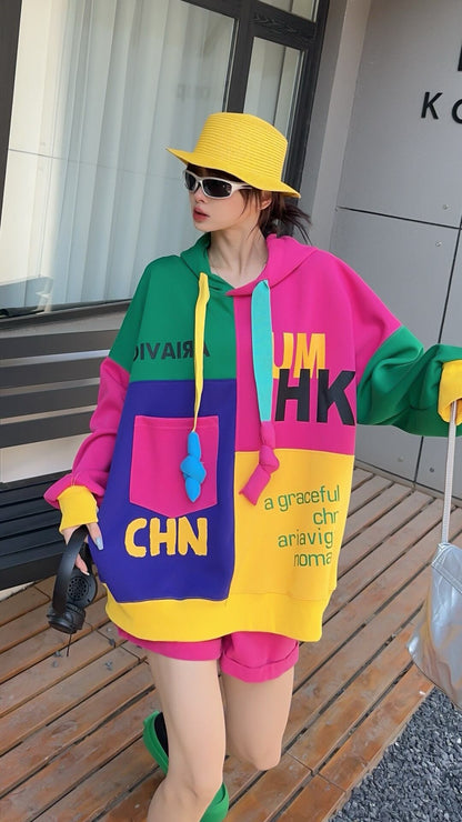 話題沸騰中 切り替え 目を奪われる カラーマッチング カジュアルプリント 3色 パーカー E-10522