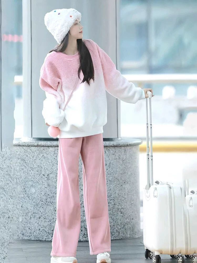 【裏起毛あり】好感度UP 着心地良い おしゃれ度高め 2色選択 トップス+パンツセット E-10190