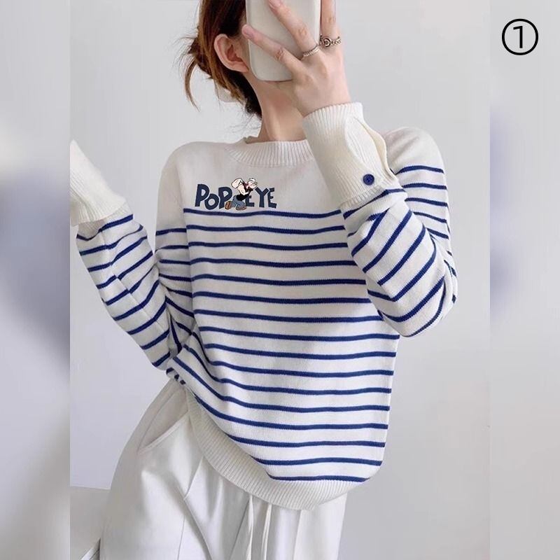 都市ファッショ デザイン オシャレ 気質アップ ストライプ柄 ニットトップスE-9661