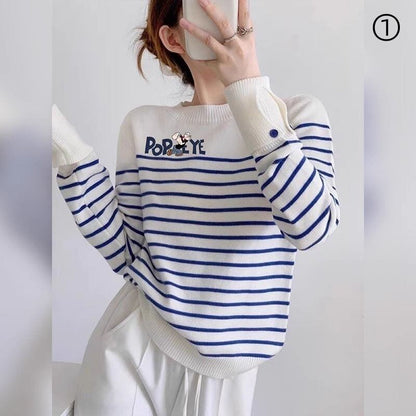 都市ファッショ デザイン オシャレ 気質アップ ストライプ柄 ニットトップスE-9661