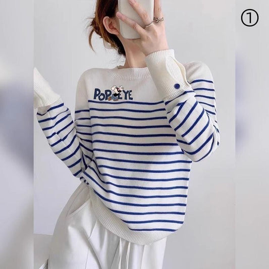都市ファッショ デザイン オシャレ 気質アップ ストライプ柄 ニットトップスE-9661